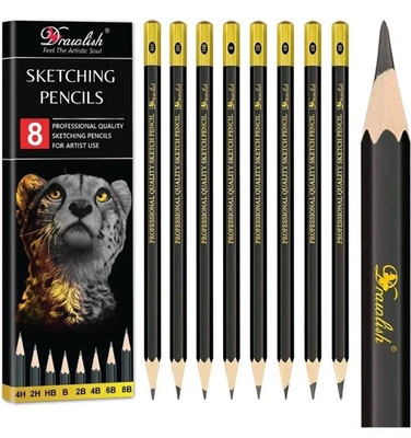 Set of 8 Drawlish Sketching Pencils, B 2B 4B 6B 8B HB 2H 4H Drawing Shading
