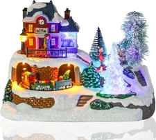 Christmas Village Houses, Polyresin House Village Sets with Moving Train and Spi