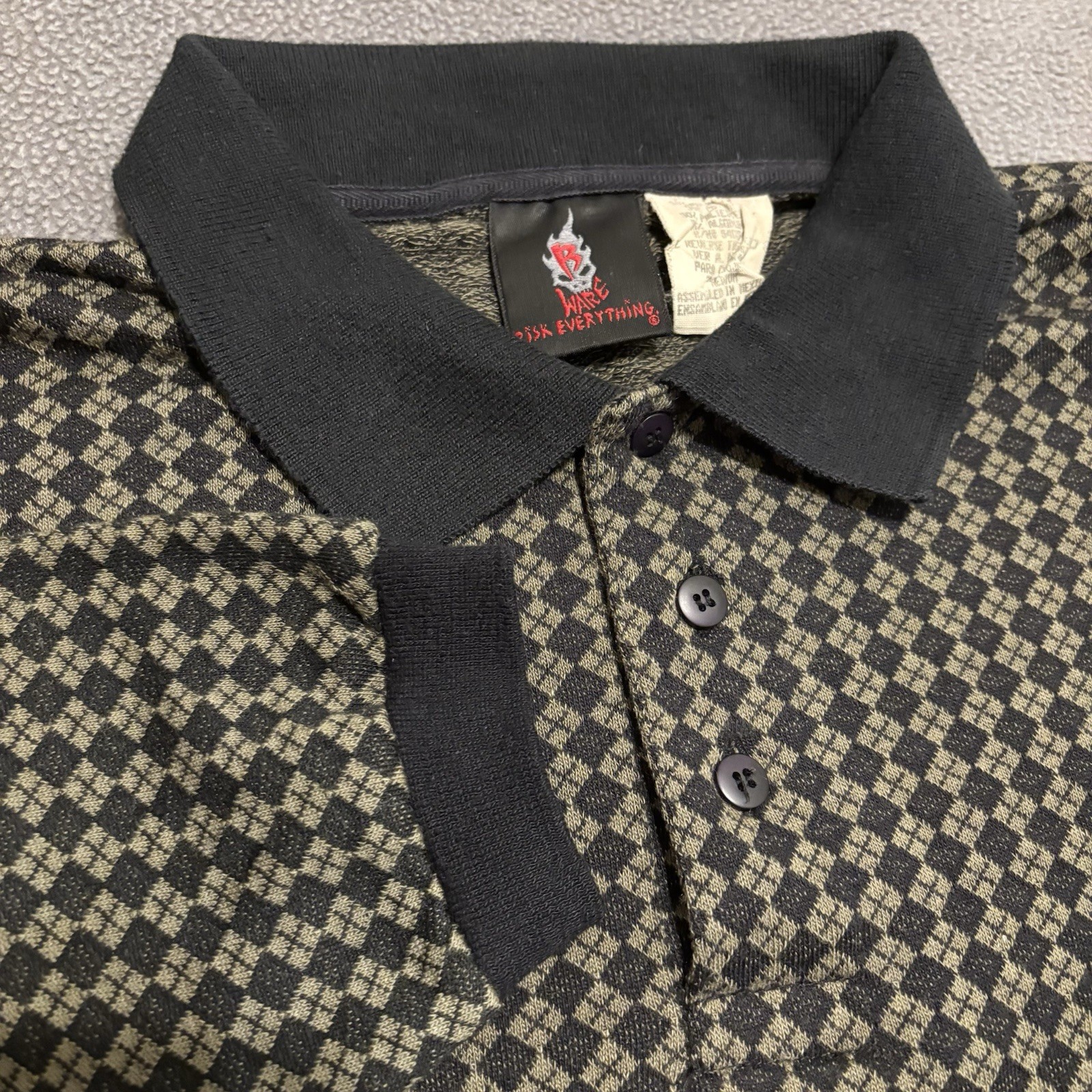 Vtg Y2K B Ware Risk Everything Shirt Mens M Diamond Pattern Collared Long Sleeve