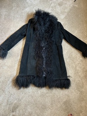 Vintage Penny Lane Afghan Cossack Shearling Black Suede Coat Size Medium 