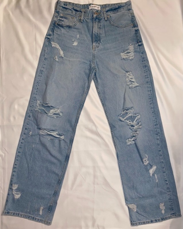 Pull&Bear Size 38 Denim Jeans High Waist Straight Leg Distressed Ripped Light Blue