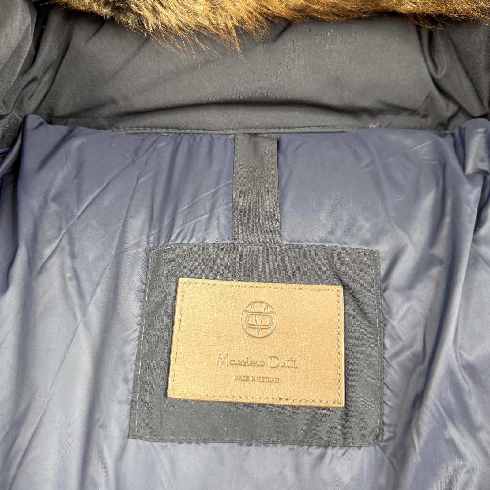 Massimo Dutti Mens Navy Blue Down Feather Fur Trim Hooded Parka Jacket Size XL thumbnail 10