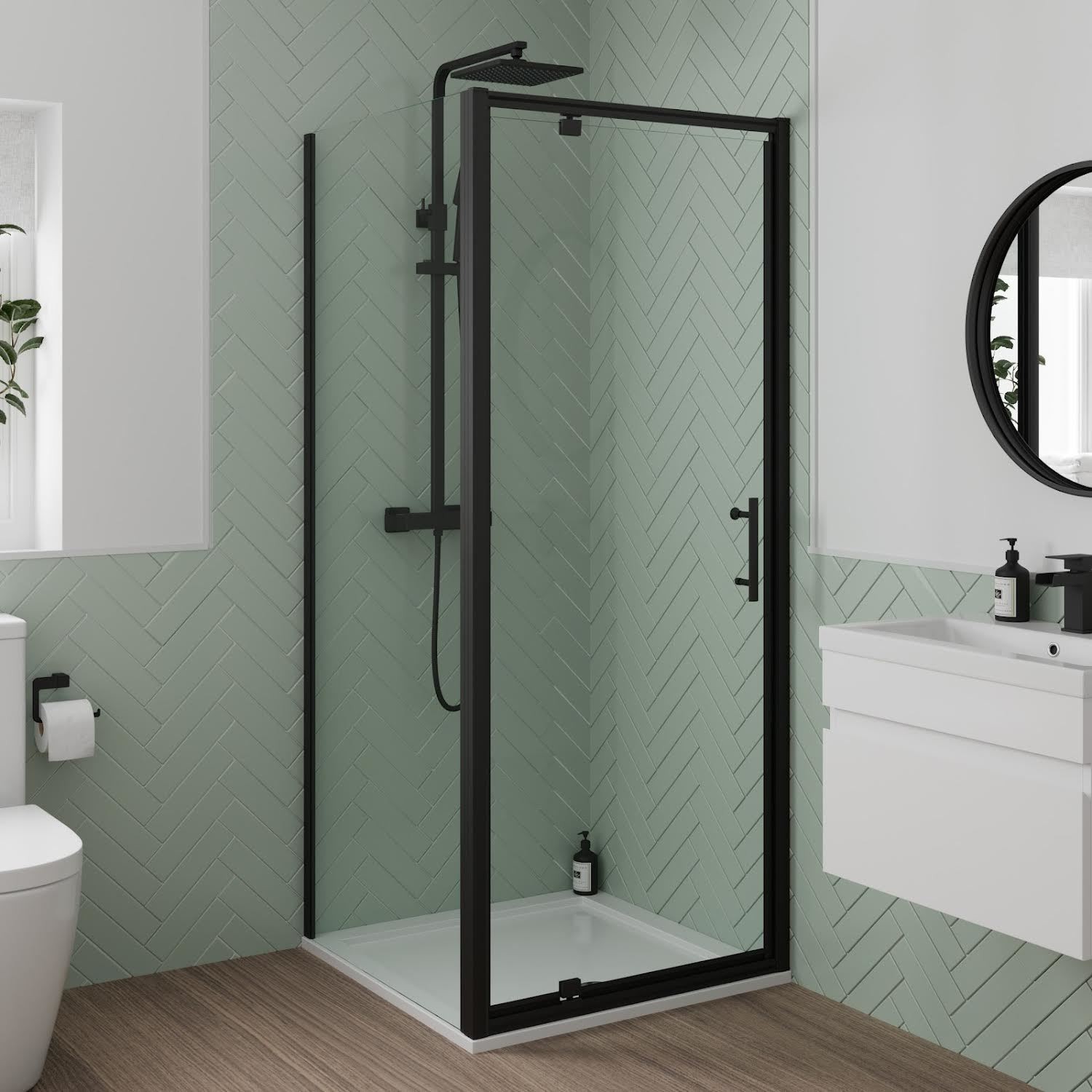 900 x 900mm Pivot Shower Door Side Panel Enclosure 6mm Glass Black Framed