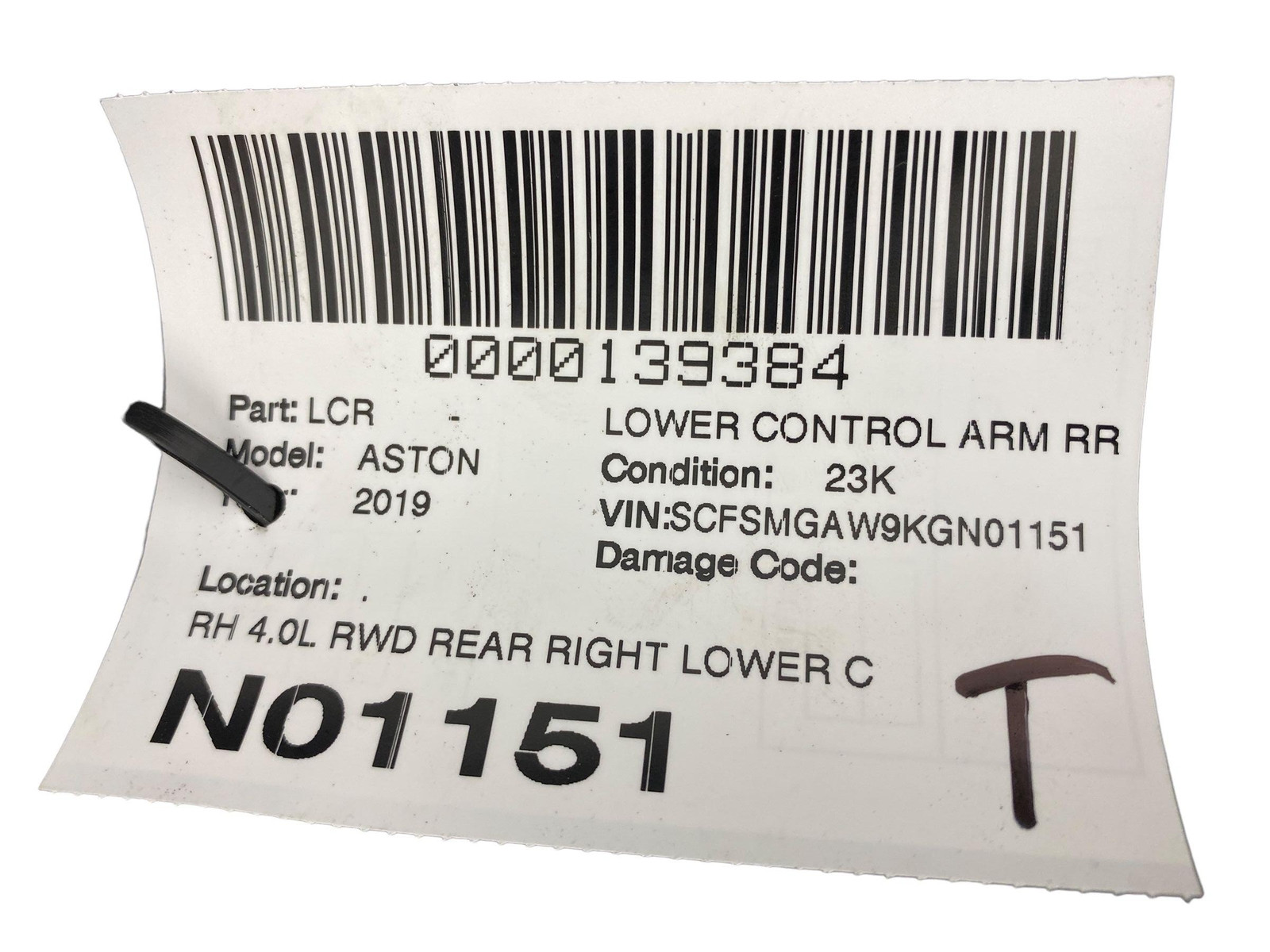 2019 ASTON MARTIN VANTAGE OEM 4.0L RWD REAR RIGHT LOWER CONTROL ARM *SCRAPED*