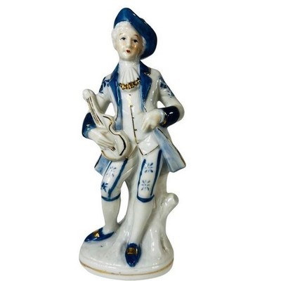 Vtg Korean Porcelain Figurine Of Musician Guitar Blue White Hand Painted Decor