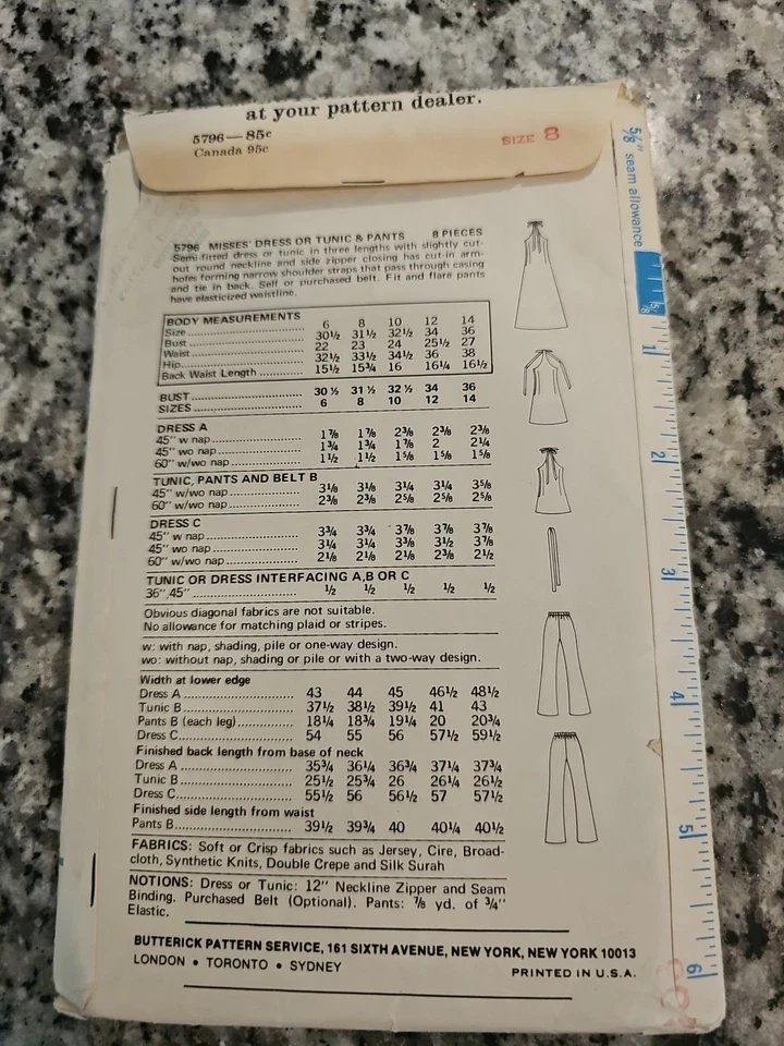 Vintage 1969 Butterick 5796 Sewing Pattern Pants Sleeveless Dress Tunic Sz 8 Cut - Image 3 of 4