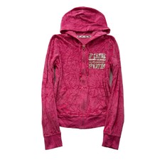 Victoria's Secret PINK Vibrant Pink Velour Zip-Up Hoodie Gold Sequin Logo Size S