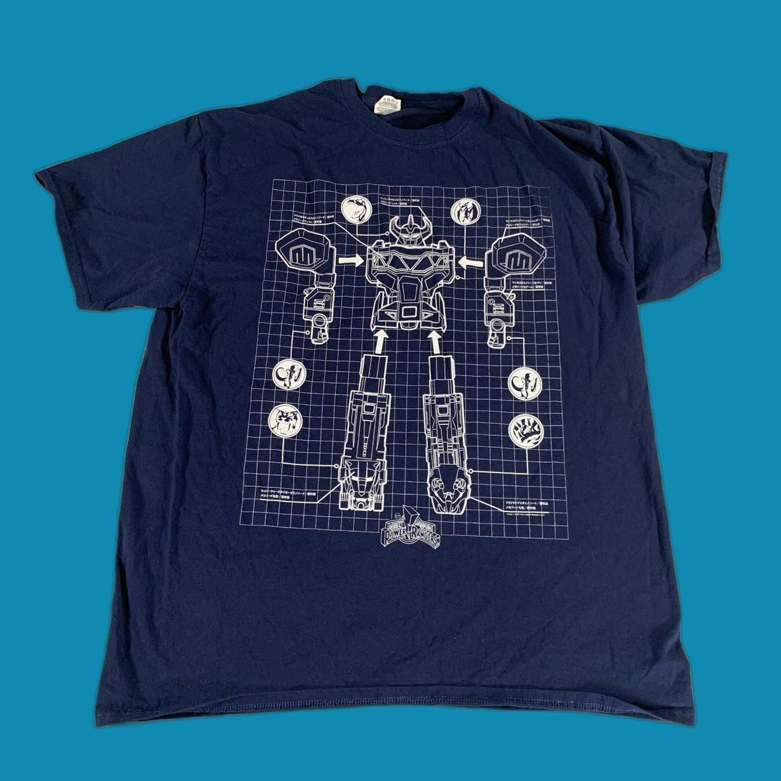 Power Rangers Transformers Megazord Blueprint T-Shirt XL Blue Fruit of the Loom  