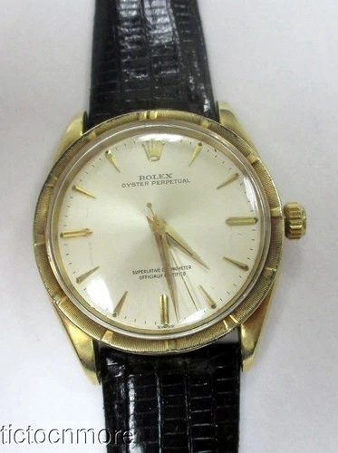 VINTAGE 14K GOLD OYSTER PERPETUAL WATCH 25j 1007 34mm MENS ENGINE TURNED BEZEL