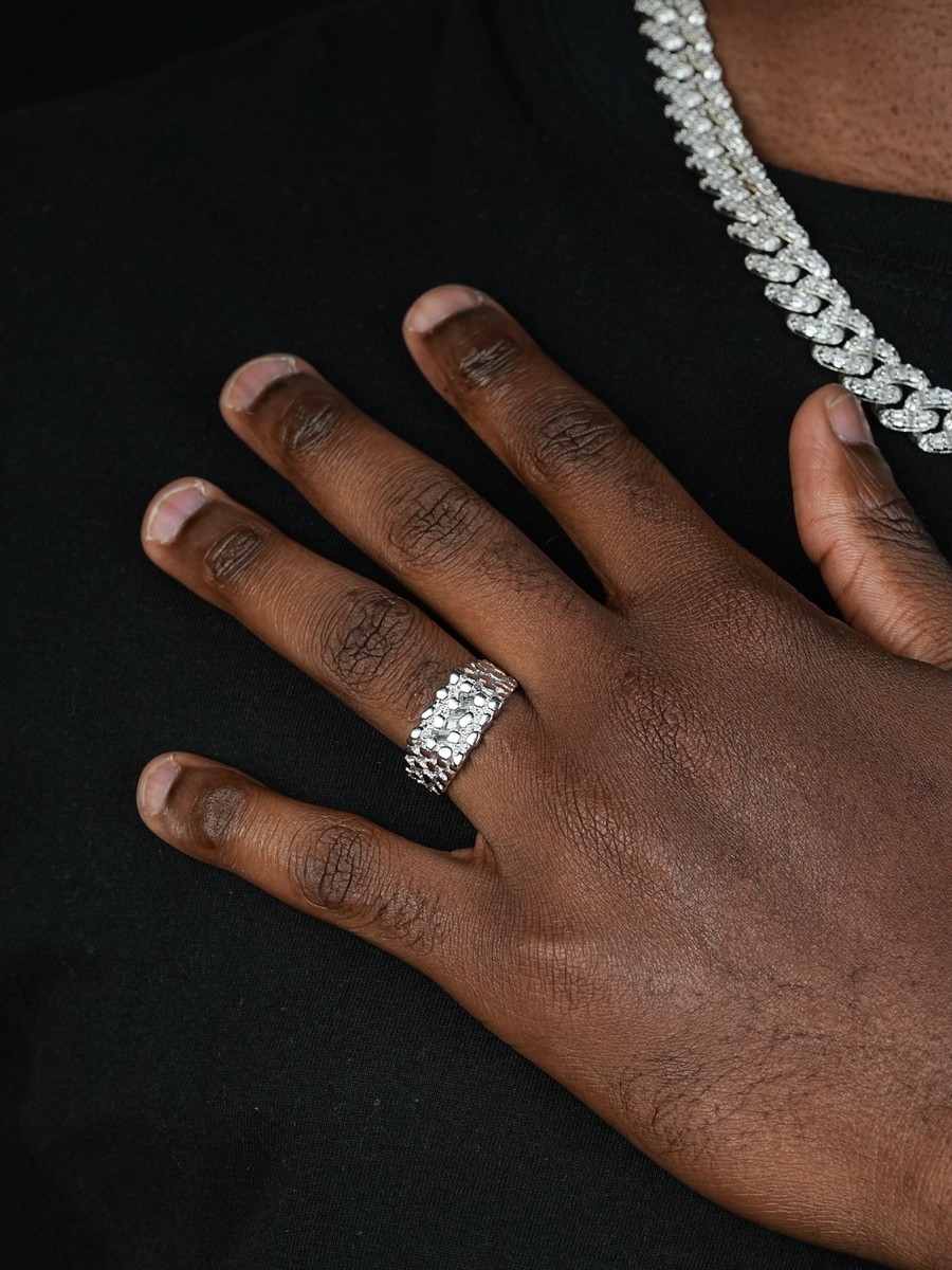 Mens REAL Solid 925 Sterling Silver Nugget Ring Iced Baguette CZ