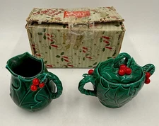 Vintage Lefton Holly Green Creamer and Sugar Bowl - with box - no damage