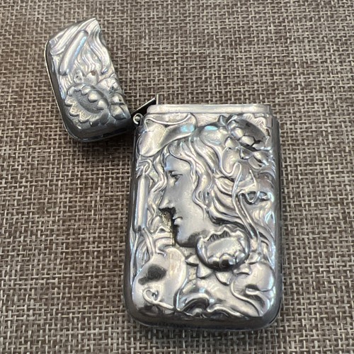 Antique Art Nouveau Silver Plated Match Safe Vesta Case Lady Hair Lotus Flowers - Picture 5 of 10