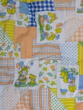 Vtg 80's Curity Baby Blanket Quilted Ruffled Edge Quilt Patchwork Pals Animals