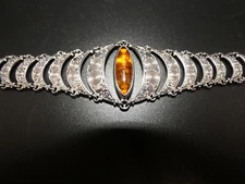 Sajen Sterling Silver Amber Bracelet crescent shaped links 8 inches