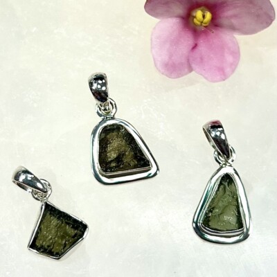 Wholesale Lot 3 PCs All Natural Moldavite 925 Sterling Silver Tektite Pendants