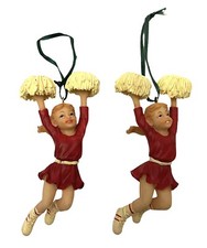 Vintage Cheerleaders Pompoms Red Outfit Resin 4.25  Set Of 2 Christmas Ornament