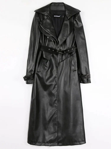 Real Leather Trench Coat Womens Long Sleeve Luxury Fashion Overcoat Windbreaker - Bild 8 von 19