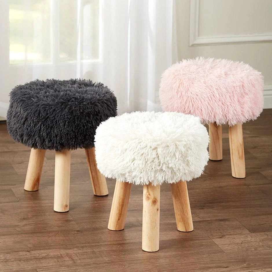 Faux Fur-Covered Ottomans - Gray