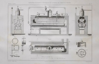 1869 FRANZÖSISCHE DAMPFMASCHINE DRUCK ZYLINDER KESSEL GENERATOR HEIZFLÄCHE 