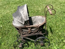 Vintage Ratan Baby Doll Pram Carriage Buggy Antique Stroller Home Yard Decor