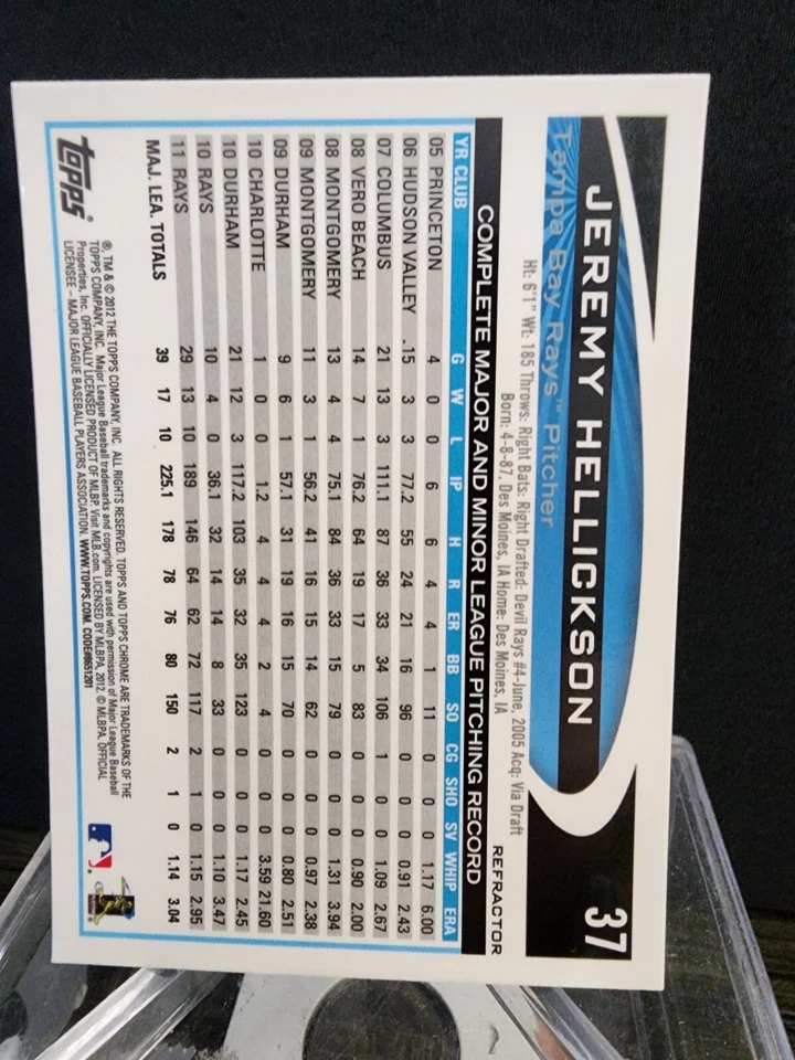 Jeremy Hellickson 2012 Topps refractor cromado #37 Tampa Bay Rays inserto de béisbol Foto 2 de 2