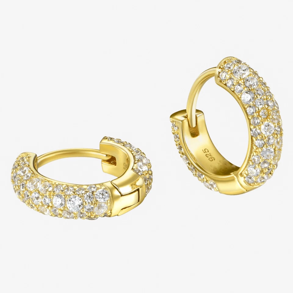 Mens Women's 3d Cz Yellow Gold 925 Sterling Silver Honey Comb Set Hoop Earrings - Image 3 of 4