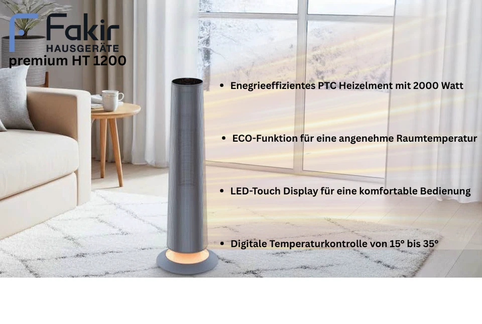 Fakir HT 1200 Turm-Heizlüfter • 1500/2500 W • LED Touch Display • Oszillation - Bild 2 von 4
