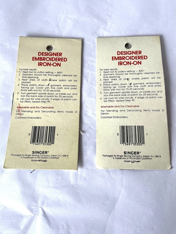 2 Vintage Singer Designer Embroidered Iron-On Patches Taiwan Apple Rose Denim - Image 2 of 3