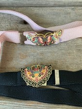 Lot of 2 VTG 1970s CLOISONNE Peacock and BUTTERFLY Pink BUCKLE W/ ELASTIC BELT