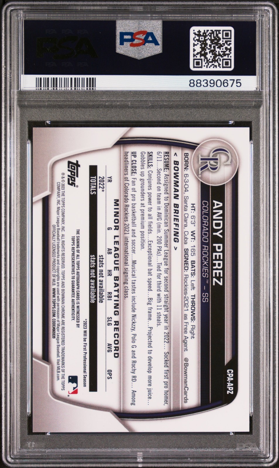 2023 Bowman Chrome Andy Perez 1st Auto Yellow /75 PSA 10 Rockies view 2