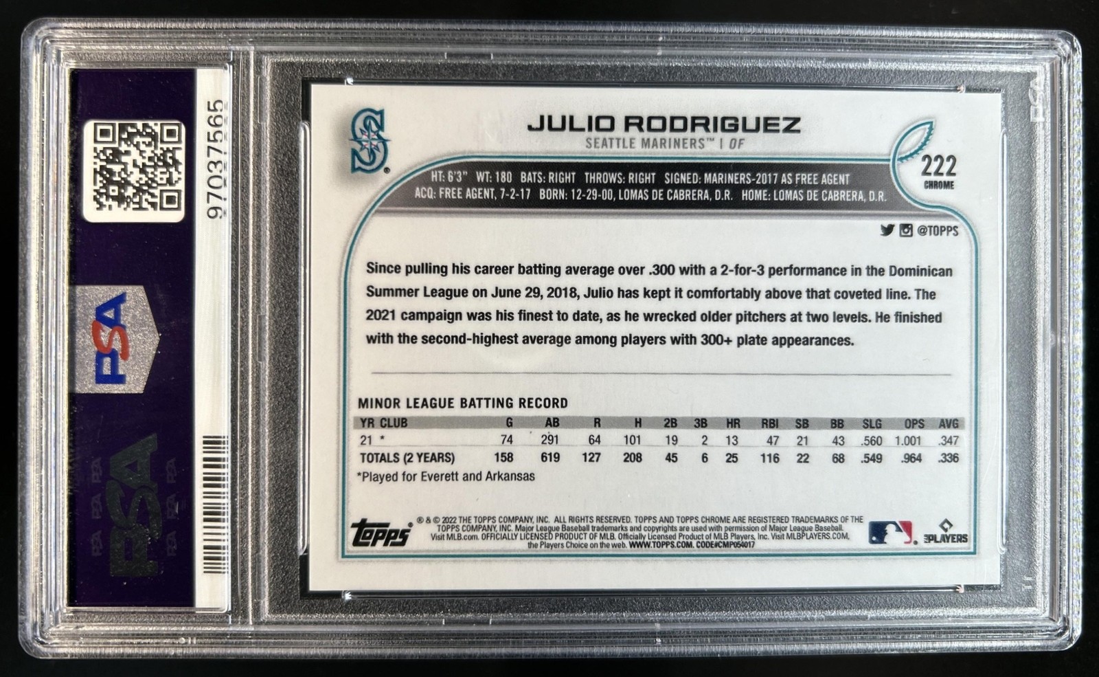 2022 Topps Chrome Julio Rodriguez Refractor Rookie SP RC #222 Mariners PSA 10 view 2