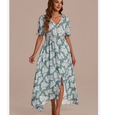 Baltic Born Green Floral Lightweight Flowy Gauze Smocked Boho Maxi Dress MEDIUM