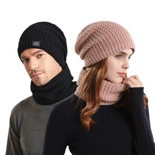 Unisex Winter Beanie Hats Snood Set Warm Wavy Knitted Thermal Hat Neck Warmer Th