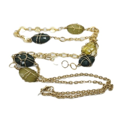 Macy's Wire Wrapped Beaded Necklace Green  Stones Gold Tone Romantic 42 in