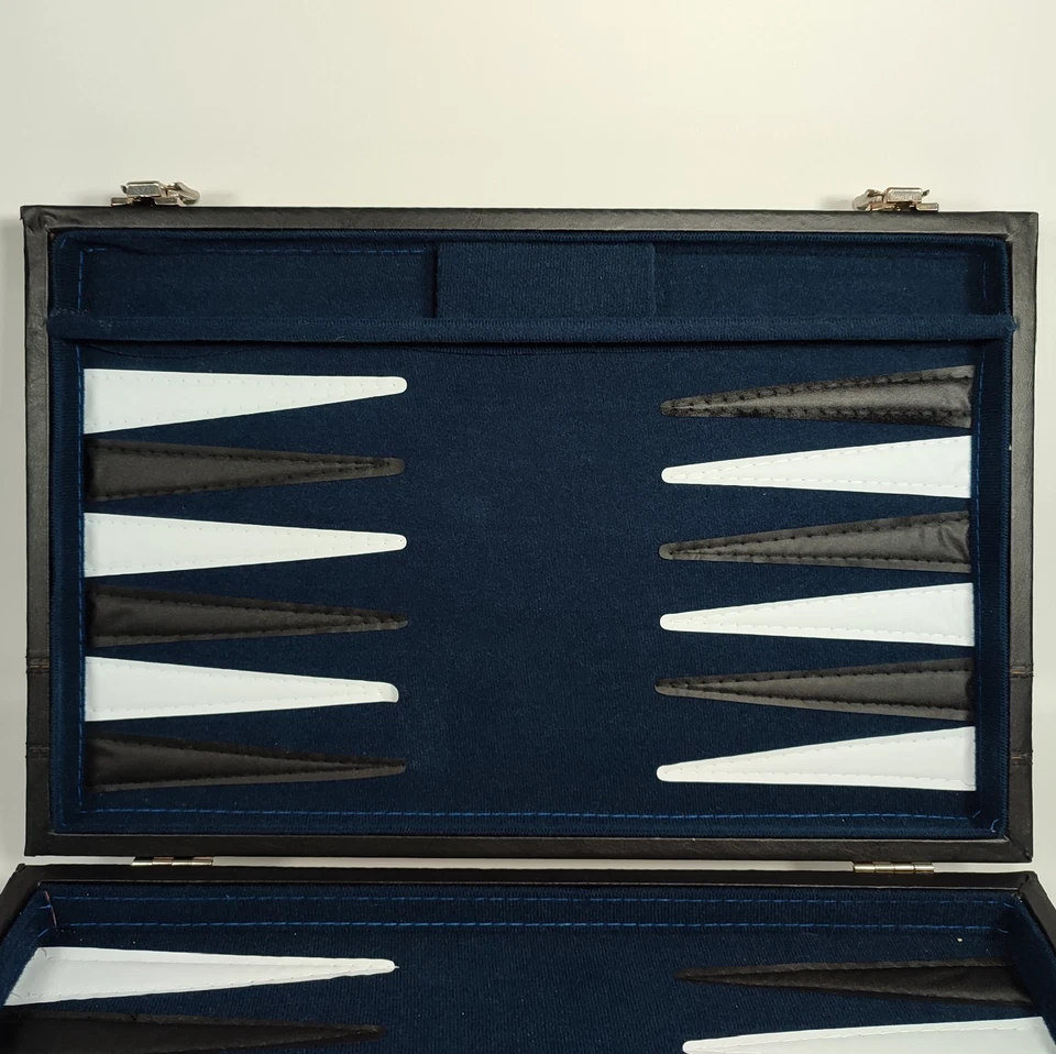 Vintage Backgammon Set in Case Faux Leather Briefcase Black White Blue - Image 3 of 4