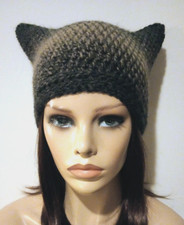 crochet womans handmade hat kitty cat ears beanie charcoal taupe wool blend new