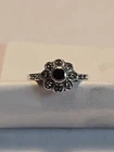 Vintage  Sterling Silver Marcasite And Black Onyx Floral Design Ring Sz 6.5