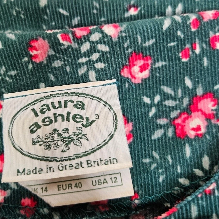 Vintage 90s Laura Ashley 14 Green Corduroy Floral Cottage Dress Modest Cotton - Image 3 of 4