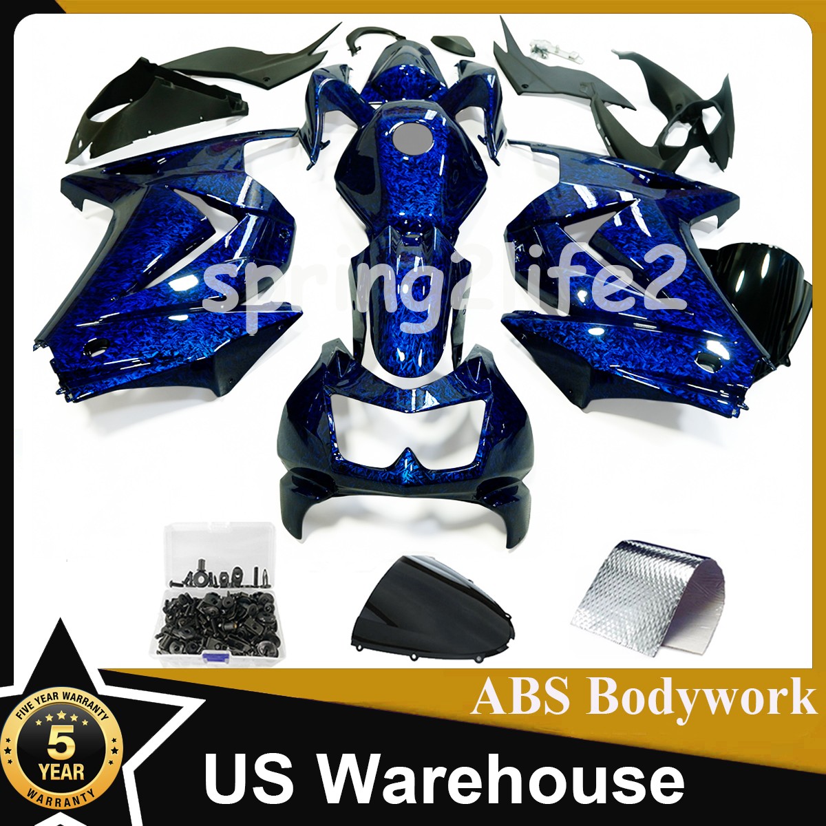 Blue Forged Carbon Fiber Fairing Kit+Tank For Kawasaki Ninja 250R 2008-2012 US