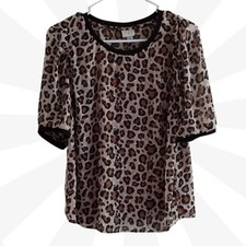 Leopard Print Top Size S Beige Sheer Short Sleeve Round Neck