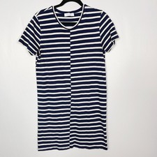 Everlane Medium M Navy Blue White The Beach Tee Dress Staggered Stripe Crew Neck
