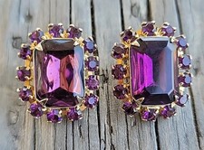 Vintage Purple Rhinestone Gold Clip on Earrin...