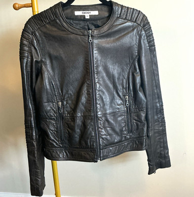 DKNY Women s Black Leather Biker Jacket M Quilted Zip Front Lined Pockets
