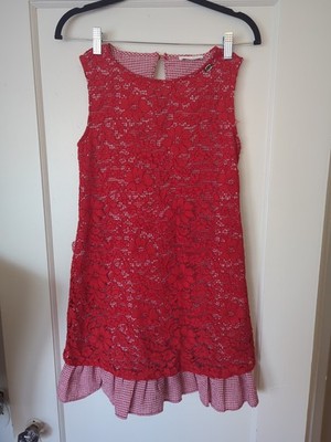 Byblos Women's Girl's Mini Dress Red Gingham And Lace  With Ruffles Size 2