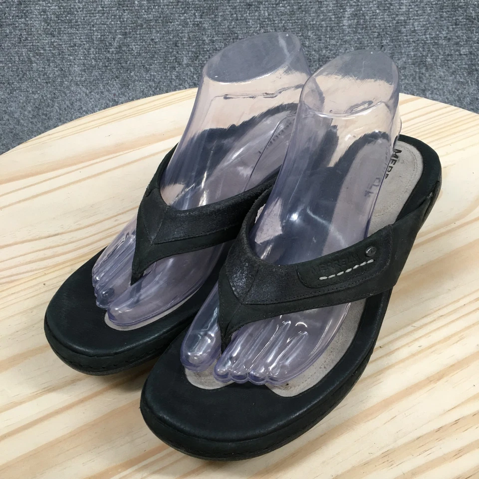 Sandalias Merrell para mujer 9 negras de lujo tanga de cuero sin cordones puntera informal J89400 Foto 3 de 4