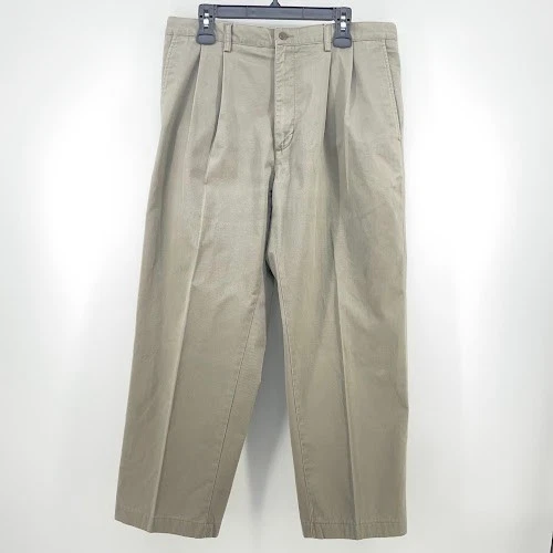 Calça masculina cáqui cabeça de pato 36x30 serve 36x28 plissada algodão chinos calças - Imagem 3 de 4