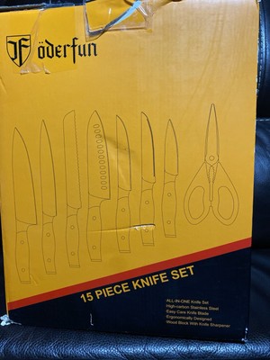 ORDERFUN 15 PCs Knife Set with Block, 50CR15MOV German Steel Kitchen Knife