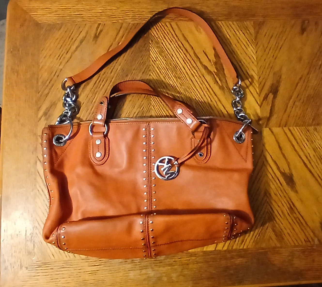 Michael Kors Cognac Brown Leather Silver Studded Large Astor Hobo Satchel Bag