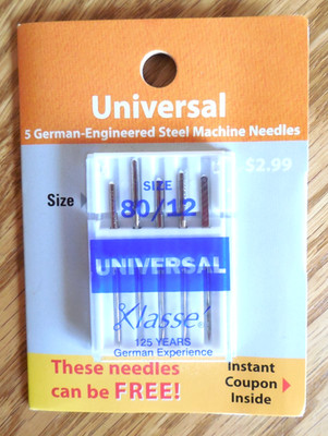 NEW  Package of 5 Klasse Universal Sewing Machine Needles:   80/12