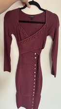 GUESS Burgundy Bodycon Knit Dress Long Sleeve Square Neck Gold Button Front